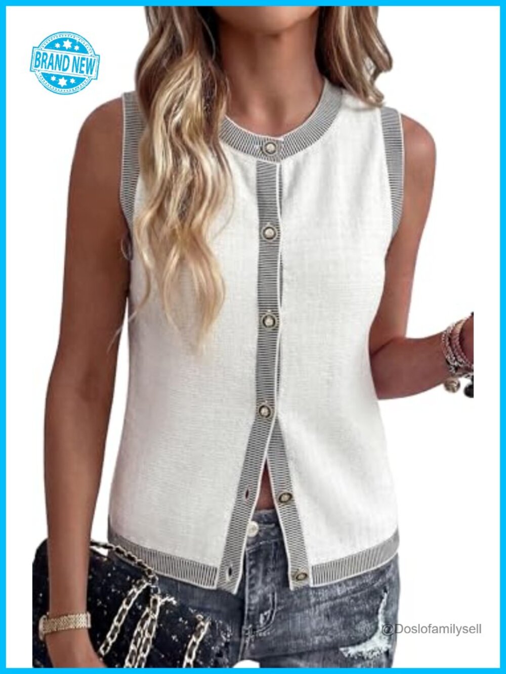 100% Cotton Crewneck Button Front Sweater Vest Contrast Trim